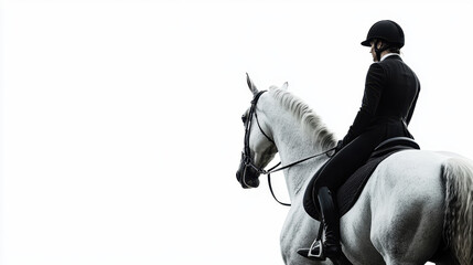 silhouette of a male equestrian in a black suit and helmet riding a white horse on a stark white bac