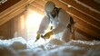 © Moonsterkat - Worker installing attic insulation in a new home