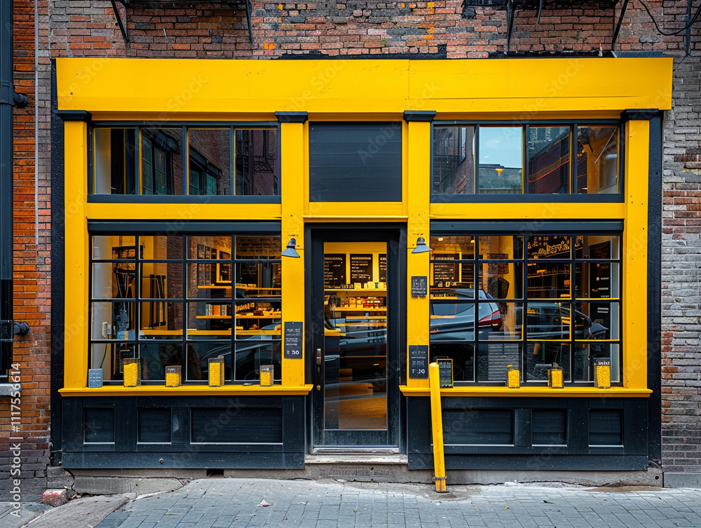 Yellow Storefront Stylish storefront featuring yellow and black highlights against an old ...