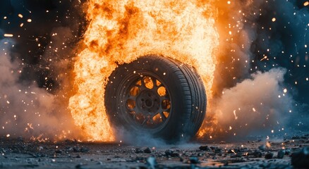 Wall Mural - A close-up of an exploding tire, with flames and smoke erupting from the rim, set against a backdrop of flying debris and dust