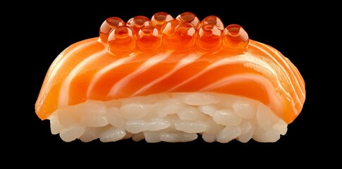 Wall Mural - A close-up shot of salmon roe atop rice, paired with a sushi roll filled with the same roe.