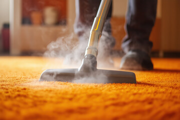 Steam cleaning with vacuum cleaner on orange carpet for home maintenance and hygiene