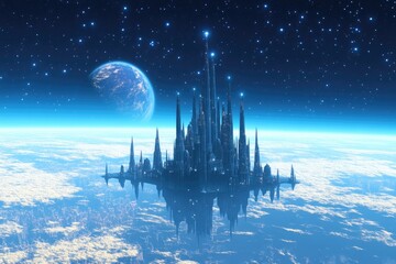 Wall Mural - futuristic city floating above a planetary cloudscape