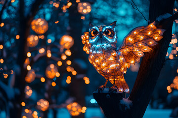 Wall Mural - lantern festival with a lighted owl in the frosty forest
