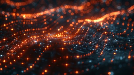 Abstract tech background with illuminated fiber optic connections, quantum computing network system.