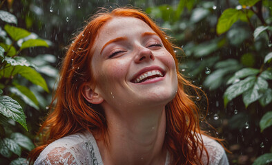 Wall Mural - Woman with red hair is smiling and laughing. She is wearing a white shirt. The woman is standing in a forest