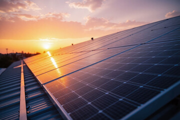 solar panel array sunset sleek modern grid-like pattern