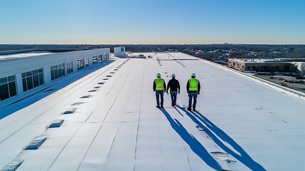 three workers inspecting a snowy flat roof
