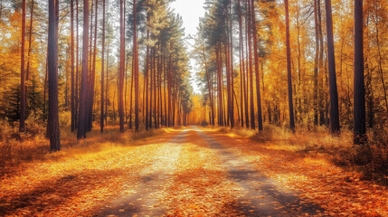 Sunlit forest trail with vibrant orange and yellow fall foliage