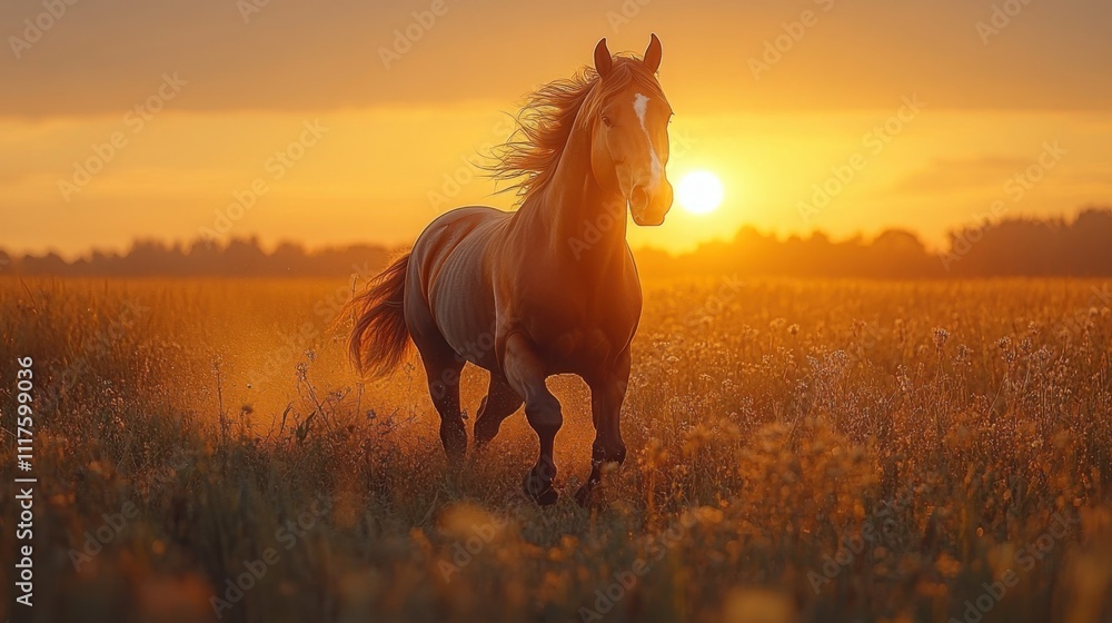 Golden horse running with a majestic mane flowing in a sunlit field ...