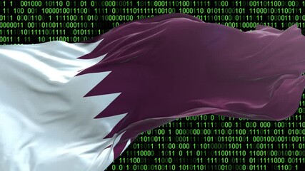 Qatar flag - 3D realistic waving flag on matrix digital background with binary code