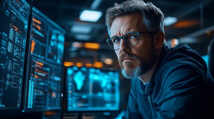 Serious Programmer Works Late Analyzing Data On Multiple Monitors