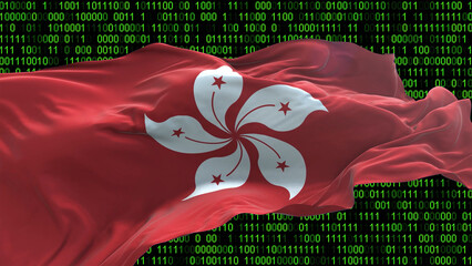 Hong Kong flag - 3D realistic waving flag on matrix digital background with binary code