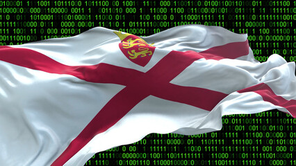 Jersey flag - 3D realistic waving flag on matrix digital background with binary code