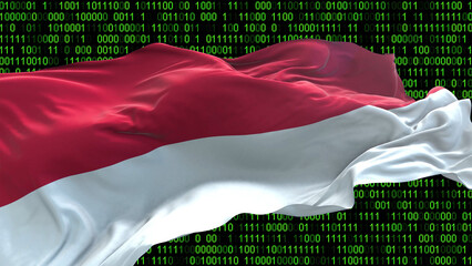 Monaco flag - 3D realistic waving flag on matrix digital background with binary code