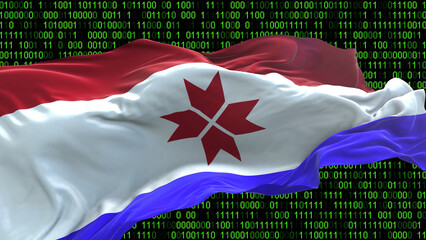 Mordovia flag - 3D realistic waving flag on matrix digital background with binary code