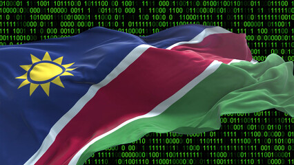 Namibia flag - 3D realistic waving flag on matrix digital background with binary code