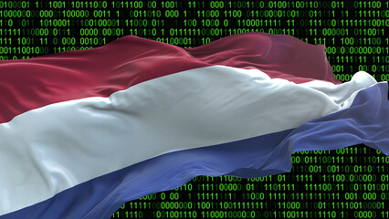 Netherlands flag - 3D realistic waving flag on matrix digital background with binary code