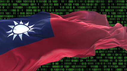 taiwan flag - 3d realistic waving flag on matrix digital background with binary code