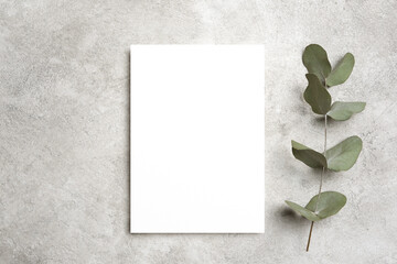 Wedding invitation or greeting card mockup with eucalyptus twig, blank card mock up with copy space