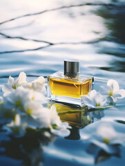 A bottle of perfume product is placed on the water, accompanied by jasmine flowers, exuding an organic flowing form. Decorated in yellow and sapphire, evoking a sense of serenity. Mockup.