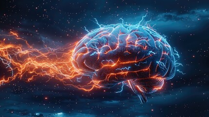 Aufkleber - Digital illustration of the human brain. Blue background with electrical activity, flashes, and lightning.