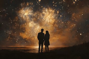 Wall Mural - couple watching fireworks under romantic night sky
