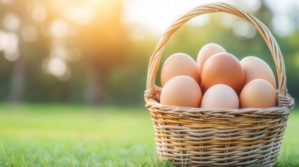 Basket of eggs on grass with sunlight in the background.