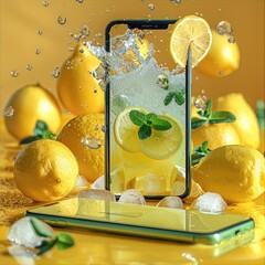 Canvas Print - Smartphone with green screen in to a lemonade with a lot of lemons and lemon slices, peppermint herbs and ice cubes.