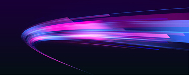 Aufkleber - Abstract image of speed motion on the road. Dark blue abstract background with ultraviolet neon glow, blurry light lines, waves. Glittering light trails and fire flare traces.