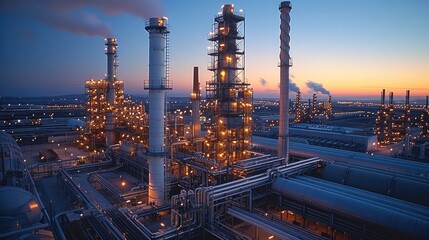 Fototapete - An industrial landscape at dusk, featuring a large power plant complex. multiple tall chimneys and cooling towers.