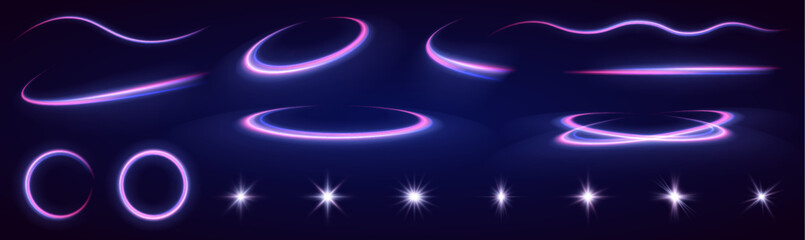 Fototapete - A large set of light effects, stars, curved lines, elements of speed, glare, flashes on a black background. . Abstract vector fire circles, sparkling swirls and energy light spiral frames.	