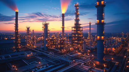 Fototapete - An industrial landscape at dusk, featuring a large power plant complex. multiple tall chimneys and cooling towers.