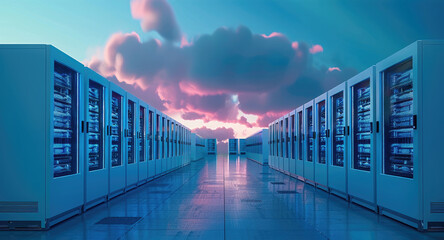 Leinwandbilder - An advanced server room at night, with cooling fans spinning and rows of servers glowing with soft blue lights, creating a calm but powerful energy.