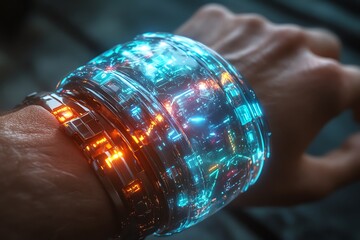 Fototapete - A futuristic wrist device emitting vibrant lights and patterns.