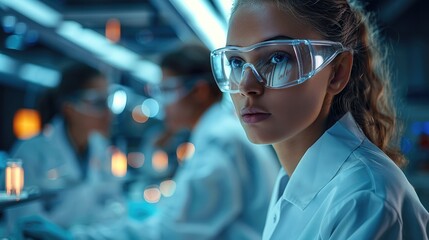 Poster - A group of young people are working in a science fiction laboratory. blue tech tones.