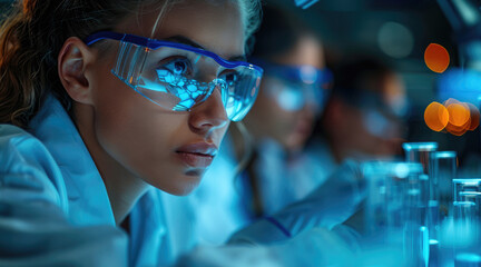 Poster - A group of young people are working in a science fiction laboratory. blue tech tones.