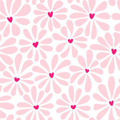 vector groovy style flowers seamless pattern. pink chamomiles with a heart shaped core on white back