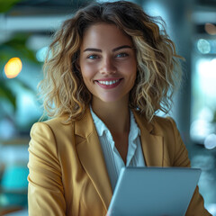Leinwandbilder - A confident business woman in modern office environment, smiling with satisfaction while reviewing a lease management report on a tablet or laptop.