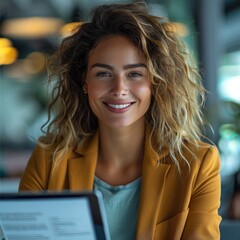 Fototapete - A confident business woman in modern office environment, smiling with satisfaction while reviewing a lease management report on a tablet or laptop.