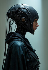 Wall Mural - Black clad cyborg woman wears intricate headgear.