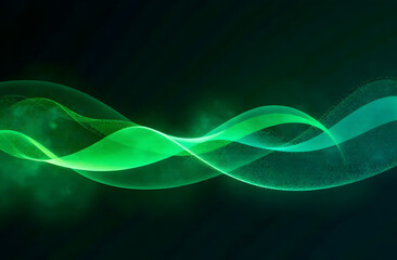 Fototapete - Smooth, flowing green light waves on a dark background create a futuristic, vibrant design filled with dynamic energy and sleek elegance.