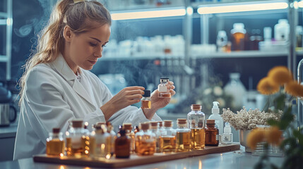 Poster - A female perfume producer in a lab coat working on a table full of perfume ingredients.