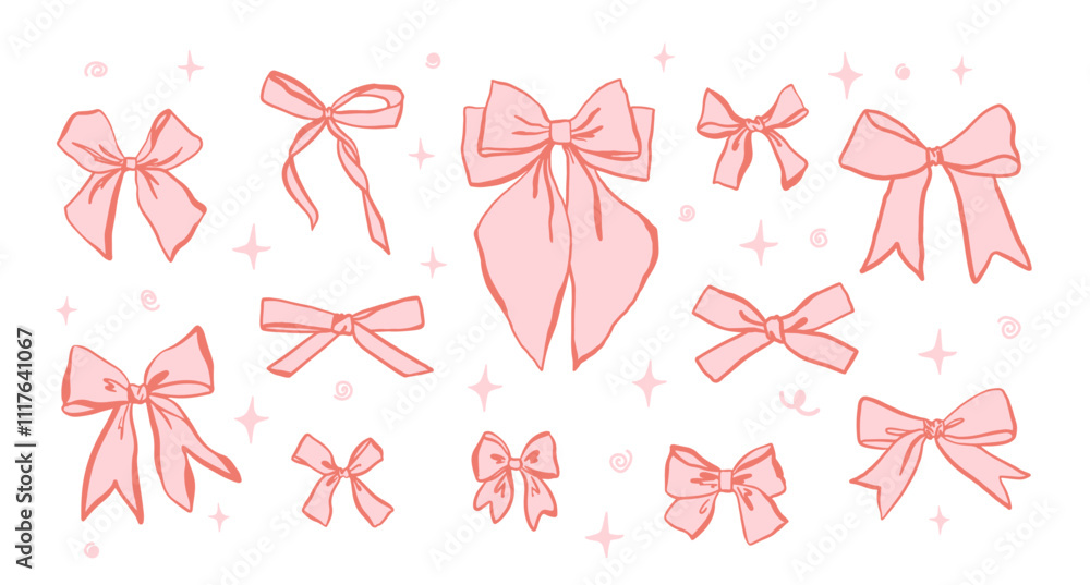 Set of hand drawn pink bows in coquette aesthetic, doodle bow knots ang ...