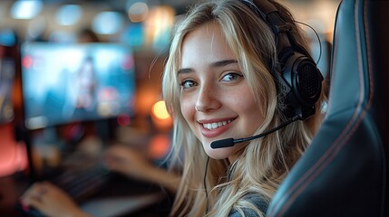 Wall Mural - Beautiful blonde woman with headset sitting in a gaming chair and smiling.