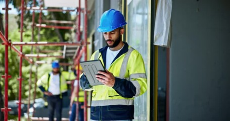 Poster - Engineer, typing and tablet with blueprint, digital plans and instructions with directions for safety. Architect, man and construction site for repairs, development goal and building maintenance