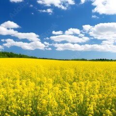 A field of yellow rapeseed flowers with a blue sky. 