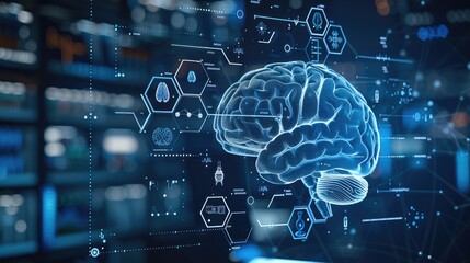Aufkleber - A digital brain with icons representing various medical spheres of work, such as laboratory research and patient care. The background is dark blue.