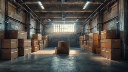 Aufkleber - Empty storage room, dusty, old, few boxes.