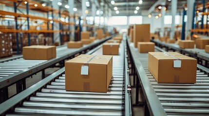 Poster - Production line in a factory, with a tall carton boxes on it.